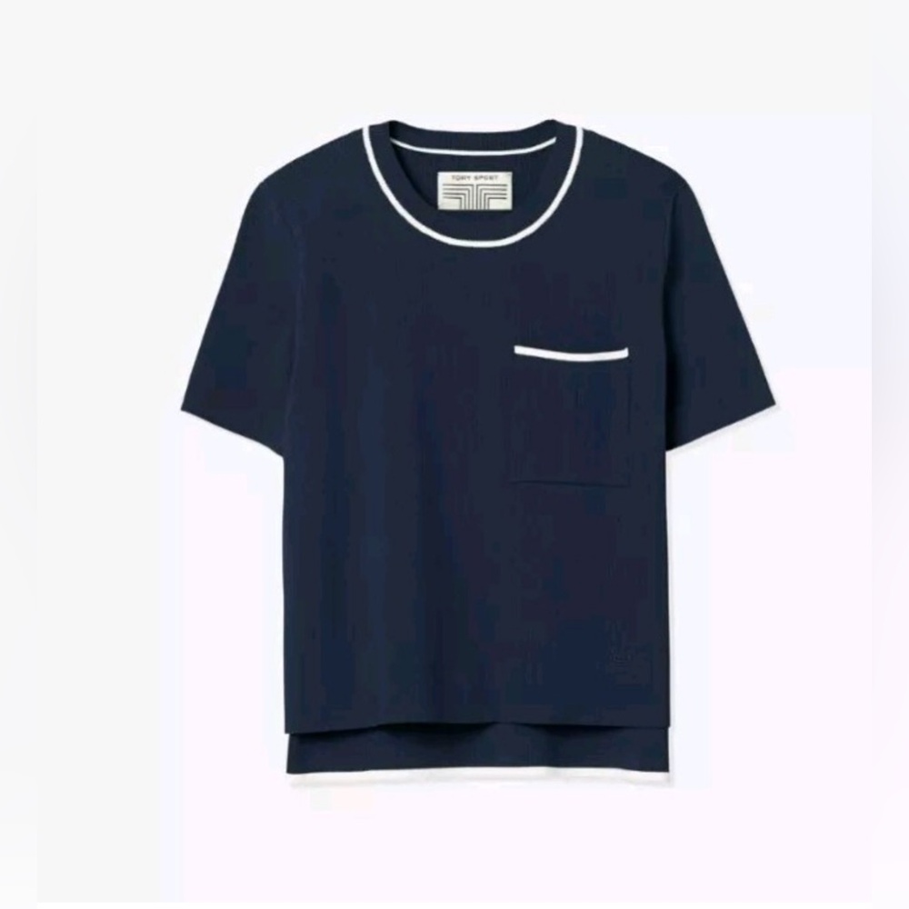 Tory Burch Sport Short Sleeve Tech Knit Sweater Top Navy Size Small